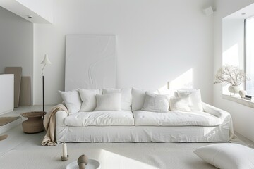 Bright minimal white living room with a white couch and minimalistic decor elements, creating a serene atmosphere.