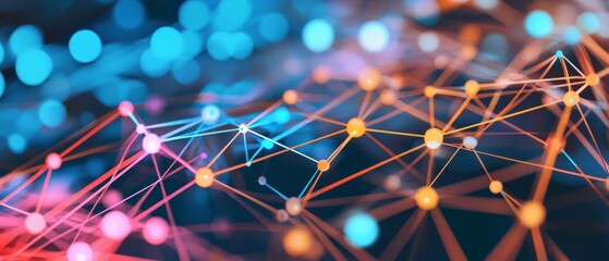 3D network graph with connected nodes and highlighted paths, background, Generative AI