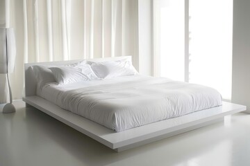 Modern minimal white bedroom with a sleek white bed frame and crisp white bedding.