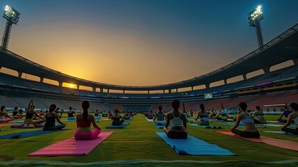Group yoga session at sunset in a large outdoor stadium. Participants practicing on yoga mats on the grass. Evening fitness and wellness event. Generative by AI