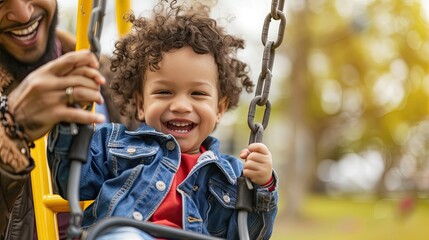 A small child happily swinging in a park. Summer day, green background, joyful smile. Generative by AI