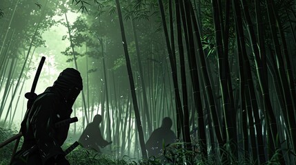 Two ninjas stealthily moving through dense bamboo forest. Camouflaged warriors navigating the greenery with precision and caution. Generative by AI
