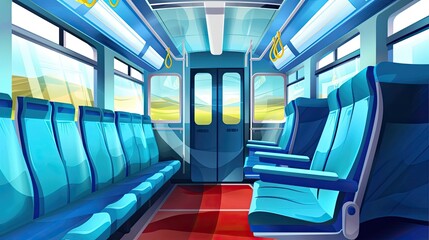 Fototapeta premium Empty train interior with blue seats and natural light streaming through the windows. The modern design of the train car emphasizes comfort and efficiency during travel. Generative by AI