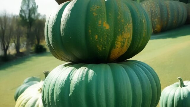 Green pumpkins are making a stack in a field, celebrating the halloween season with their unique color. The image captures the essence of autumn and the spooky holiday