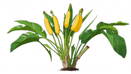 A plant with yellow banana-like fruit and large green leaves.

