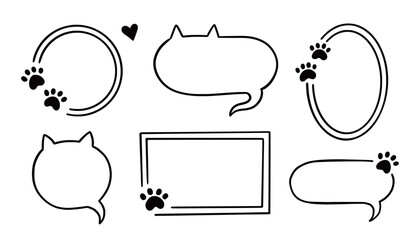 Cat dog pet frame, speech bubble cute set. Hand drawn sketch doodle line style animal pet frame design. Cat, dog paw cute talk speech bubble design. Puppy round footprint badge. Vector illustration. © Polina Tomtosova