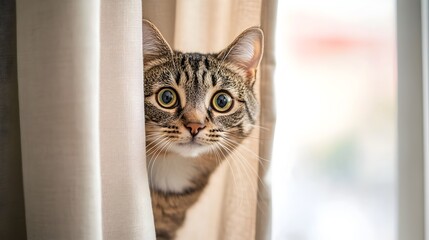 Curious and playful tabby cat peeking from behind a curtain in a bright and cheerful room showing a mischievous and content mood