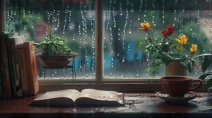A comfortable caffeine fix with books and rainfall outside the window
