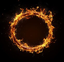 3D fire ring on a black background, with a burning fire in the shape of a circle. The flames and sparks are isolated