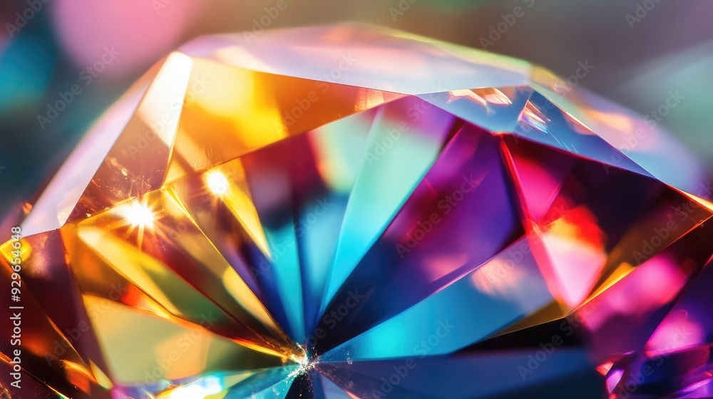 Poster a close-up of a single large gem reflecting light, with intricate facets creating a spectrum of colo