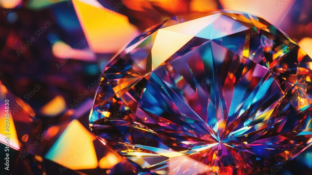 Poster a close-up of a single large gem reflecting light, with intricate facets creating a spectrum of colo