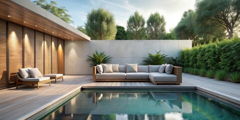 Modern minimalist backyard pool with sleek modern sofa for a chic and relaxing outdoor space , Pool, backyard, modern, minimalist