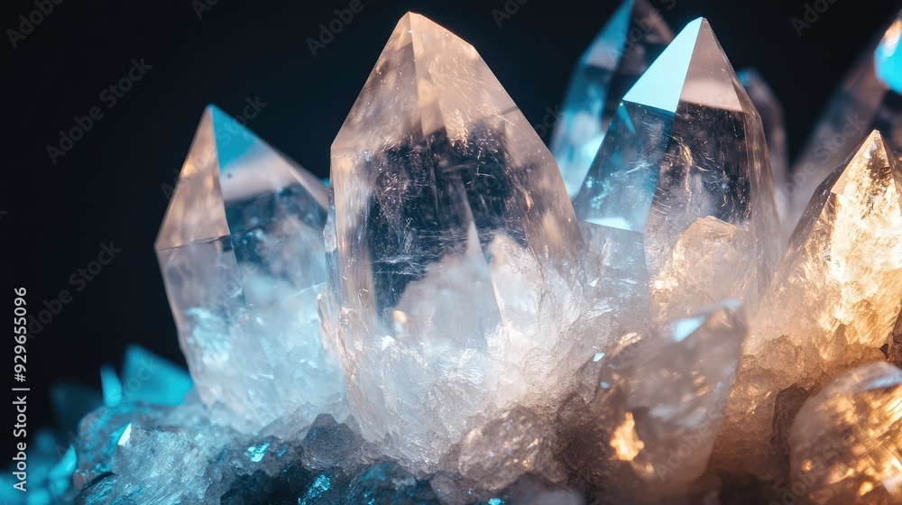 Poster a close-up of a single large, luminous crystal with light playing off its facets, creating a mesmeri
