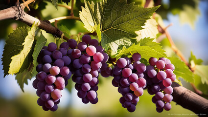 image of fresh grapes, on green leaves stock
