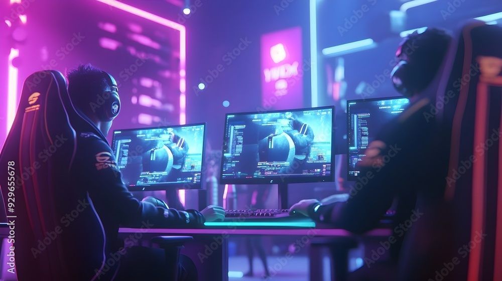 Poster a 3d rendered scene showcasing an esports team in matching jerseys intently focused on their gaming 
