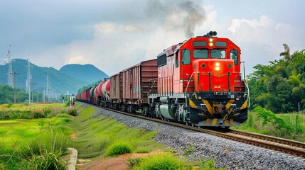 Fototapeta premium Freight train traveling across a vast, barren landscape under a dramatic, cloudy sky. The train is moving along straight railway tracks. Generative by AI