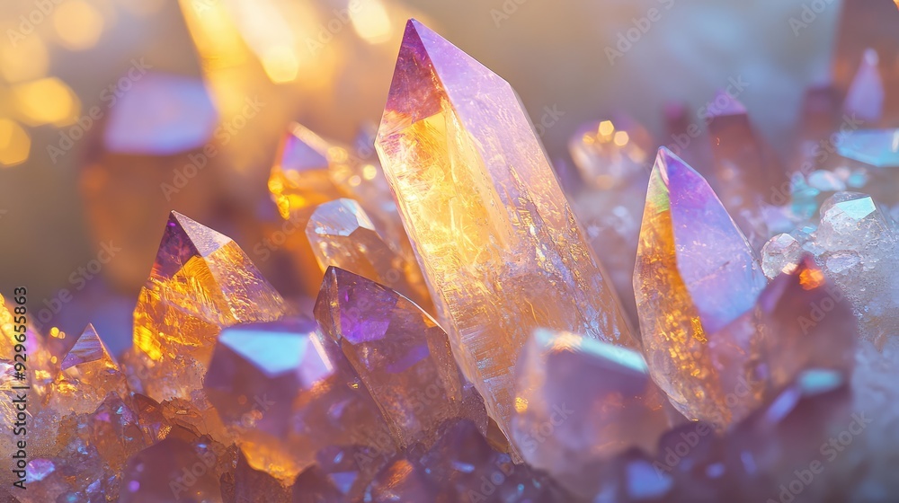Poster a close-up of aurora quartz crystals with shimmering surfaces, arranged in a delicate pattern on a r