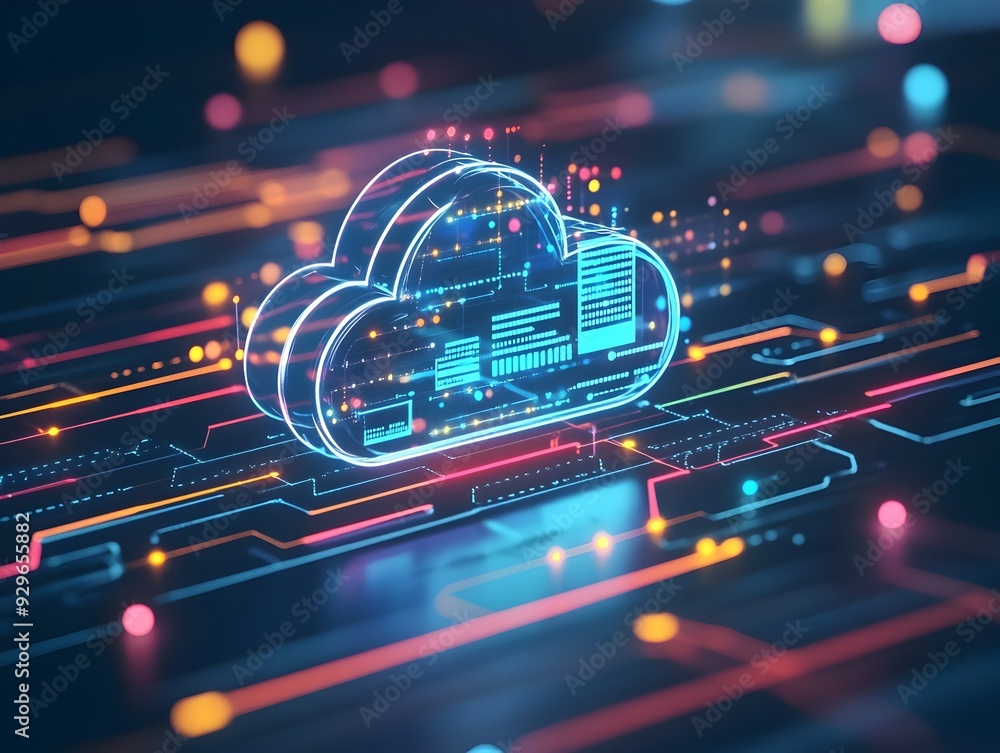 Poster of a cloud with digital data icons and arrows pointing in and out representing the concept of cloud storage and data transfer in modern technology