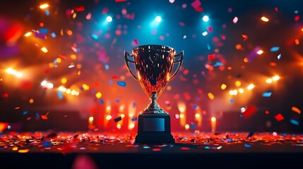 Triumphant Esports Trophy Displayed on a Dazzling Stage Surrounded by Vibrant Confetti and Glowing Lights Symbolizing Victory and Achievement in Competitive Gaming