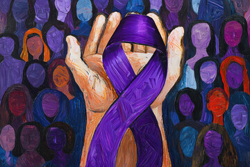 Purple ribbon symbolizing cancer awareness held gently in a hand against a violet background, highlighting support and solidarity