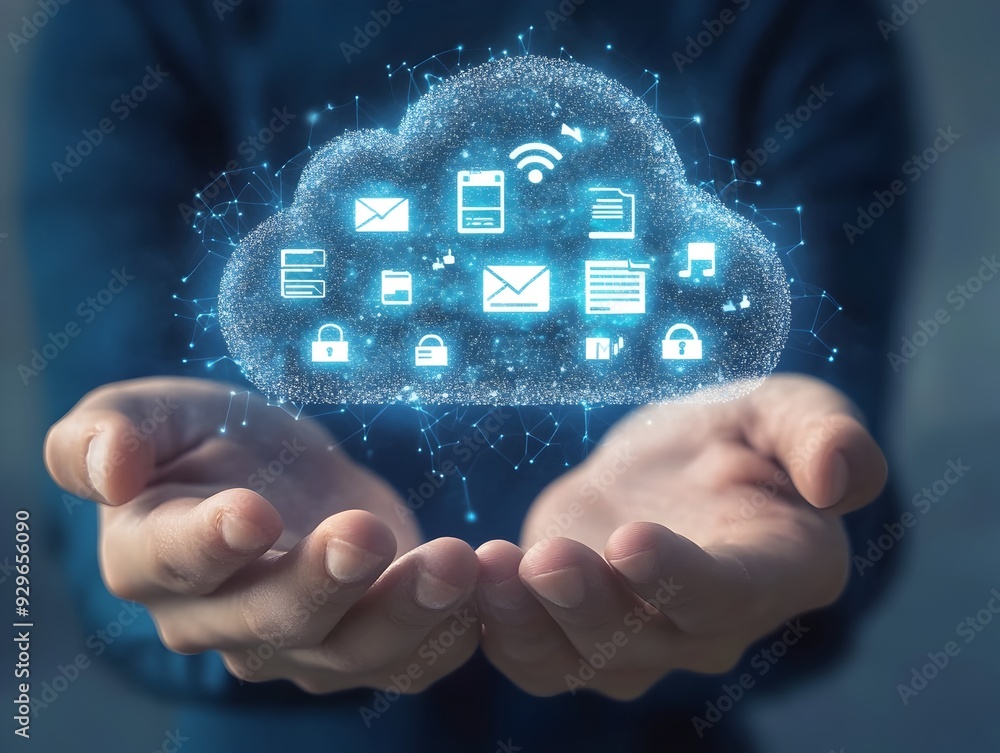 Aufkleber 3d rendered image of hands holding a floating cloud with digital icons representing cloud computing 