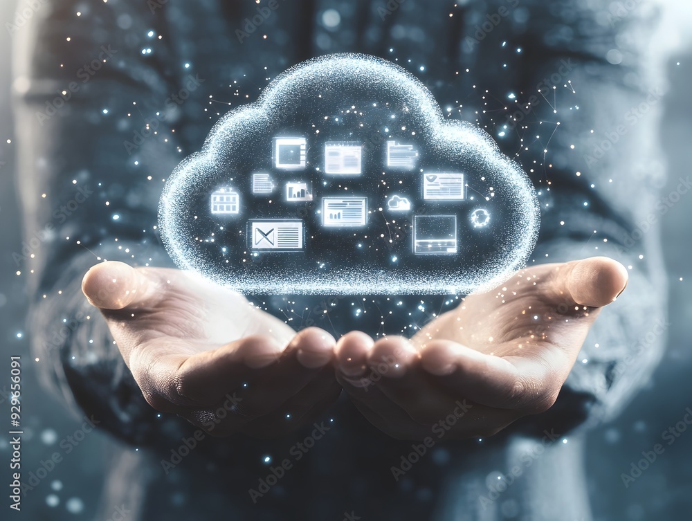 Poster hands holding floating cloud with digital icons representing cloud computing services and data manag
