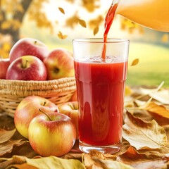 Healthy apple juice drink and red apples fruits in autumn