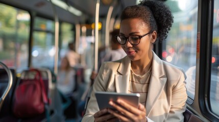 LGBTQ individual commuting to work by bus, reading a tablet, diverse passengers, inclusive urban commute, professional attire, morning routine, focused and efficient