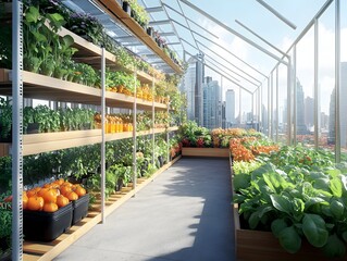 Vertical Organic Farm in Modern Urban Greenhouse with Diverse Crops   Sustainable and Innovative Rooftop Agricultural System in City Skyline