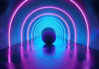 3d render of futuristic tunnel with neon light arches and a black sphere in the center, purple blue background for banner, poster, flyer, packaging, presentation, advertising, web and print mockup