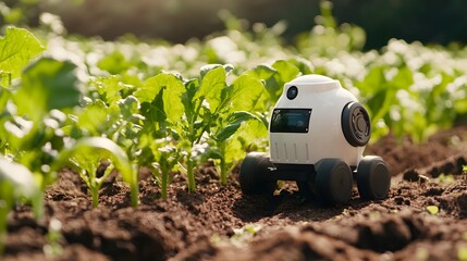 Small autonomous agricultural robot tending to vegetable beds weeding and watering for sustainable and efficient farming practices  of advanced robotics and technology in modern agriculture