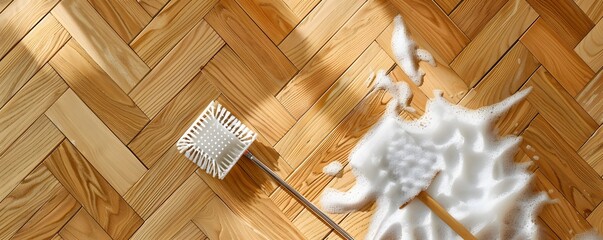 Cleaning Supplies on a Wooden Floor with Soap Suds