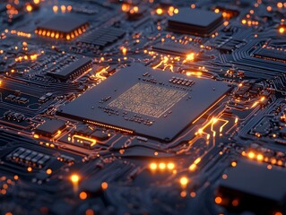 Obraz premium Detailed close up view of an intricate microchip circuit board with glowing electronic traces and components set against a futuristic metallic tech background with ample copyspace