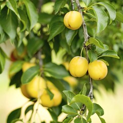 Obraz premium yellow fruit plum on the branch with green leaves closeup