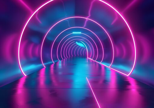 3d render of futuristic tunnel with neon light arches and a black sphere in the center, purple blue background for banner, poster, flyer, packaging, presentation, advertising, web and print mockup