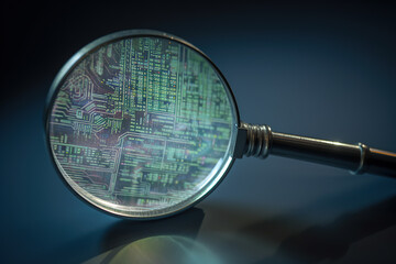 generated illustration close-up of a circuit board with a magnifying glass