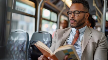 LGBTQ individual commuting by public transport, reading a book, diverse passengers around, inclusive urban commute, professional attire, morning routine, focused and prepared