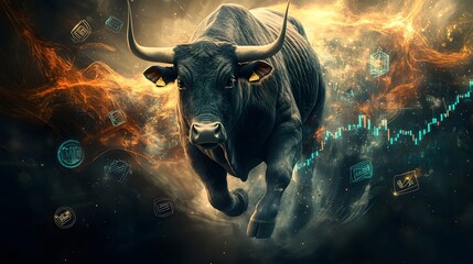 Powerful Bull Charge - Stock Market Growth Concept