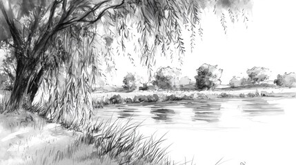 Black and White Illustration of a Tranquil River Scene
