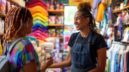 Obraz premium LGBTQ employee helping a customer at a small boutique, friendly and inclusive interaction, well-decorated store, positive shopping experience, bright and inviting environment