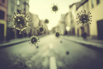 Viruses floating in the air against city scene, concept of viral transmission in urban environments.