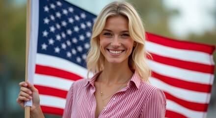 Young blonde woman holding USA flag, patriotic celebration, Independence Day, Memorial Day, Labor Day, copy space, joyful emotion, youth appeal.