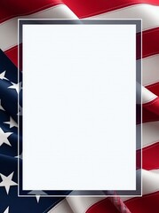 Patriotic vertical frame, red and white American flag backdrop, empty copy space, ideal for 4th of July, Memorial Day, Labor Day designs, veteran tribute, and customization.