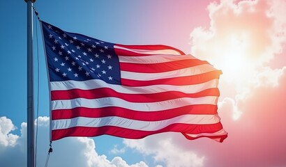 American flag waving, symbolizing freedom, patriotism, and national pride. Ideal for Independence Day, Memorial Day, and related events. Copy space available.