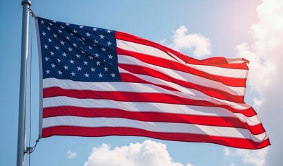 Obraz premium American flag waving, symbol of freedom, patriotism, perfect for Independence Day or Memorial Day marketing, impactful imagery, strong emotional connection, copy space available.