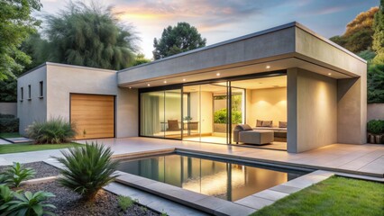 Fototapeta premium Minimalist home with flat roof, warm stucco walls, and glass doors opening to garden with water feature