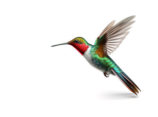 Fototapeta premium Image of flying hummingbird on a white background. Bird, Wildlife Animals. Illustration, Generative AI.