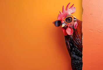 A cool rooster wearing sunglasses peeks through a hole in an orange wall. Farm animals.