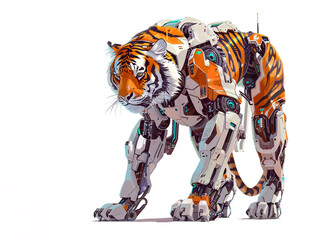 Fototapeta premium A robotic tiger with orange and white fur stands alert against a white background. Its metallic body is visible beneath the fur. Wildlife Animals.