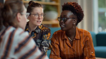 Fototapeta premium LGBTQ professional collaborating on a project with a colleague, modern office, diverse team, inclusive and productive work environment, focused and engaging discussion